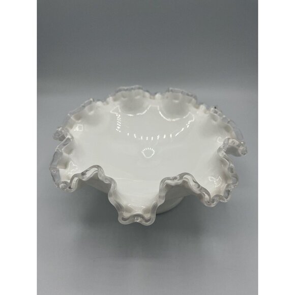 Vtg White Glass with Clear Ribbon Ruffled Footed Compote Candy Dish 4 In Tall - Picture 7 of 9